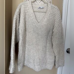 Zara Women's Oversized V-Neck Sweater in Cream.